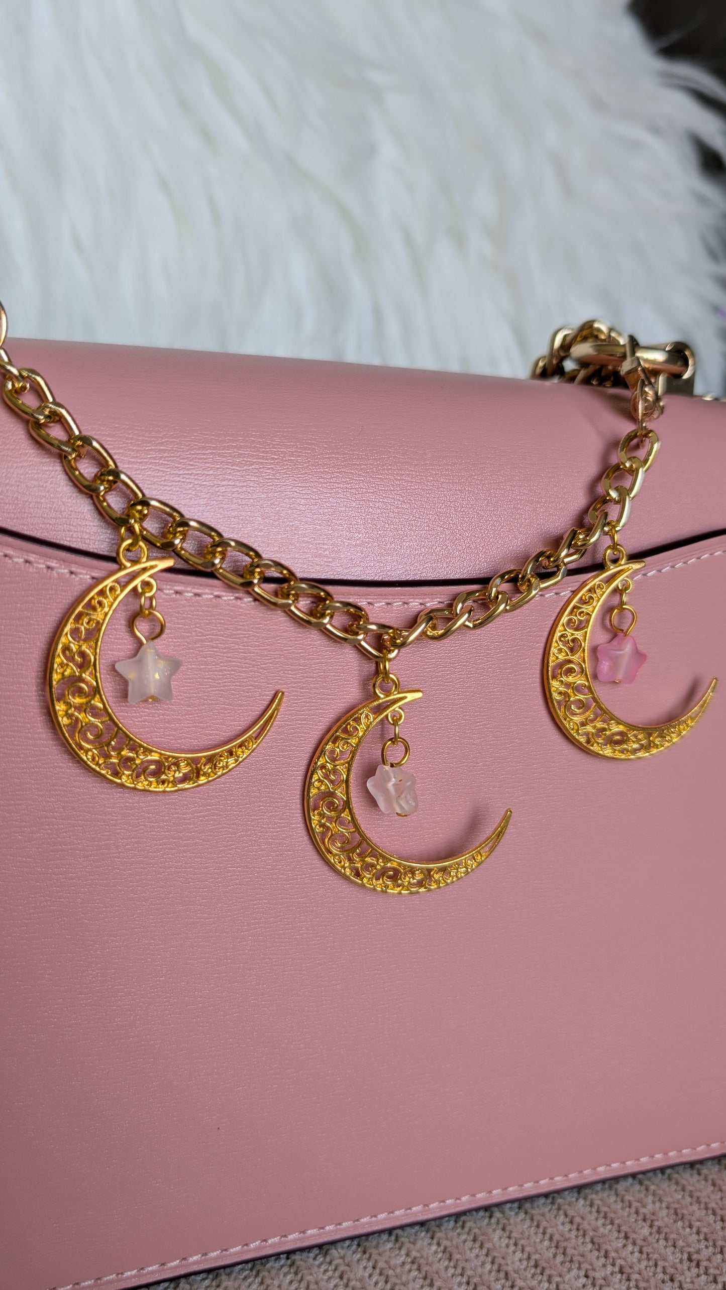 Night Sky | Filigree Crescent Moon & Star Bead Bag Chain