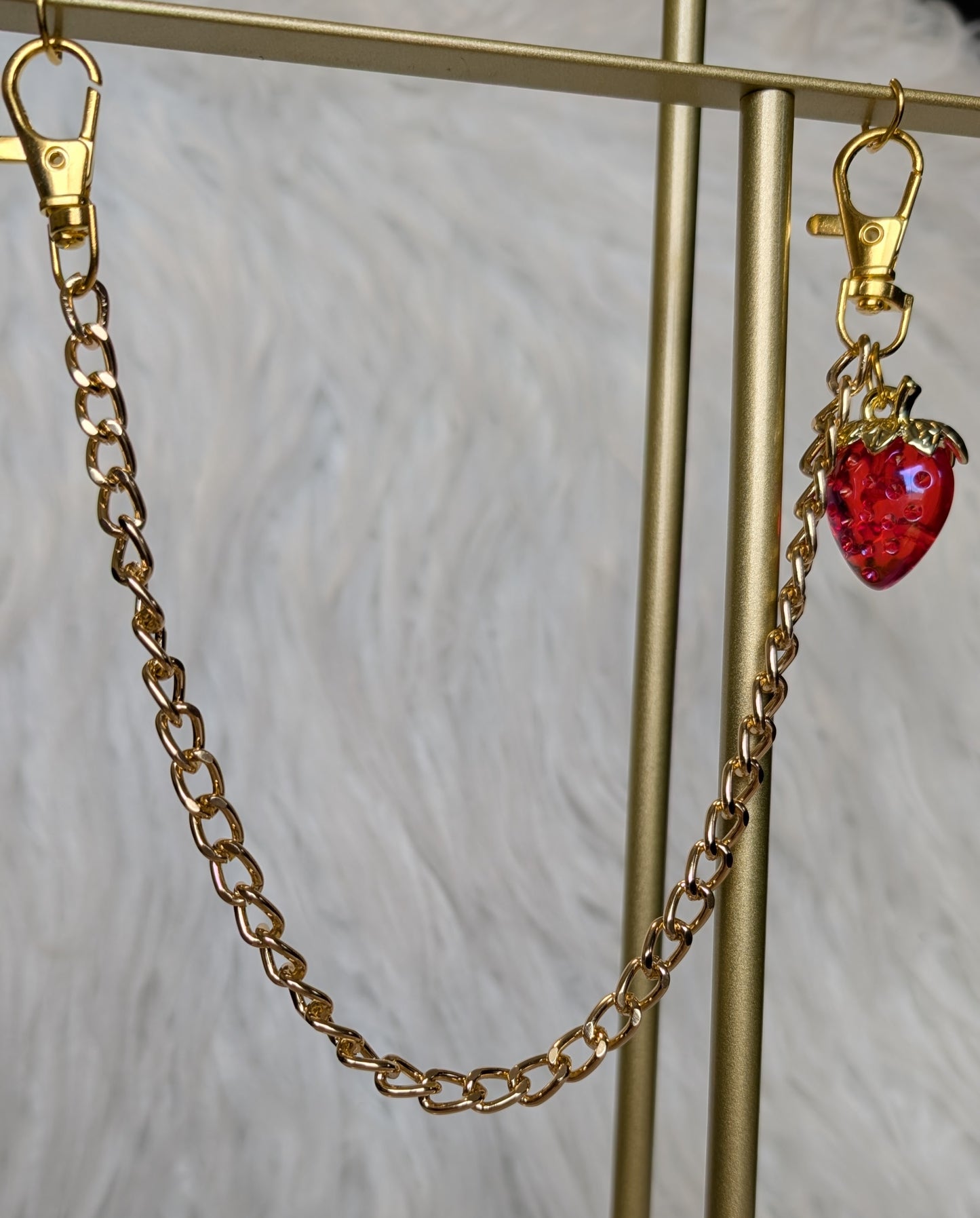 Side Drape | Gold Curb Chain & Crystal Strawberry Bag Charm